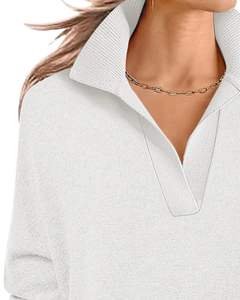 <b>Women</b> White Collared V Neck <b>Knit</b> Sweater Long Sleeve Loose Fit Soft Winter Pullover Casual Elegant Daily Wear <b>Top</b> For <b>Women</b> - Product Image 3