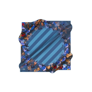 Blue Silk Crepe Satin Square Floral Striped Handkerchief Scarf - Product Image 1