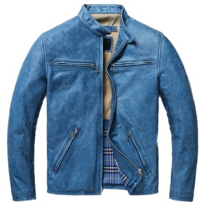 Chaqueta de moto azul Retro Para Hombre con cremallera abrigo ajustado de piel de vaca suave con relleno de poliéster nueva condición - Product Image 1