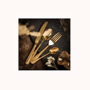 Juego de vajilla de Metal con logotipo personalizado, juego de cubiertos pulidos con espejo dorado de calidad superior, juego de cubiertos de mango largo portátil plano - Product Image 1