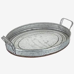 Bandeja de servicio galvanizada de forma ovalada con mango de madera, bandejas para servir alimentos, almacenamiento utilizado en dormitorio, cocina, sala de estar - Product Image 2