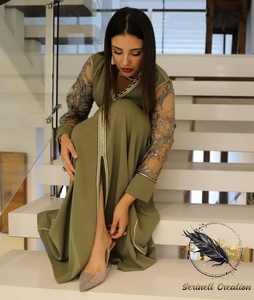 Elegante caftán marroquí antiestático bordado a mano transpirable Georgette verde oliva vestido informal ODM suministro tradicional musulmán - Product Image 3