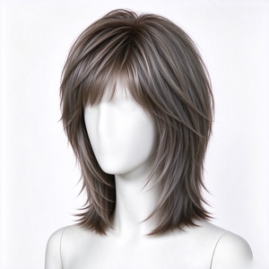 Cool Ash Brown Highlighted Shaggy Wolf Cut <b>Synthetic</b> <b>Wig</b> With Thin Bangs - Product Image 5