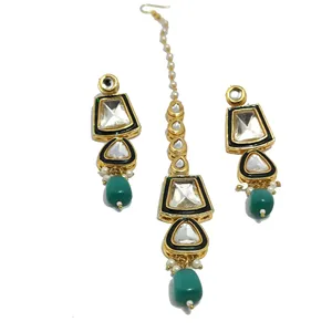 Gold-Plated <b>Light</b> Green Tumble and Polki Kundan Fine Stainless Steel Alloy Studded Jewellery Set with Zircon Tumbled Polki Cut - Product Image 6