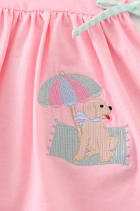 Adorable ensemble fille en 2 pièces en spandex/coton avec broderie de chiot rose de plage, tenue d'été confortable pour les tout-petits, vacances, tous les jours - Product Image 4