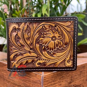 กระเป๋าสตางค์ของผู้ชายสไตล์ตะวันตกเครื่องมือถือหนังแท้ลายดอกไม้หนังแท้สไตล์วินเทจแกะสลักด้วยมือดีไซน์ล่าสุดหรูหรา - Product Image 1