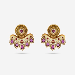 Antique-Style Religious <b>Stud</b> 184949 Featuring Floral Pattern Bezel Setting Zircon Brass Pearl <b>Turquoise</b> for Wedding Party - Product Image 1