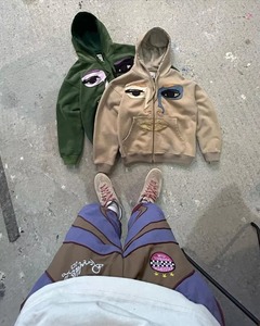 Sweat-shirts à capuche zippés pour hommes, coupe ajustée, respirants, séchage rapide, effet délavé, patchwork appliqué, style Y2K vintage hip-hop - Product Image 4