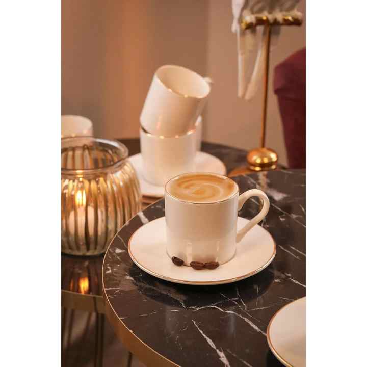 Hayal Gold Gilded 12 Piece Porcelain Coffee Cup Set for 6 Persons Off-White