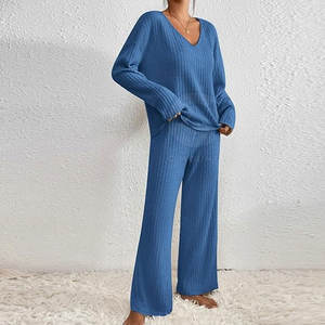 Top y pantalones de salón de fibra de bambú ligeros cálidos y cómodos para mujer Vestido de salón de punto informal con bolsillos - Product Image 6