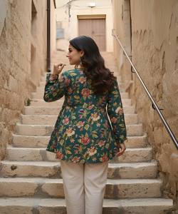 FANCY COTTON PRINT WORK ONLY <b>TOP</b> DAILY WEAR WHOLESALE PRICE ETHNIC GARMENT GREEN <b>KURTI</b> WEAVING - Product Image 5