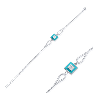 Turquoise Enamel Square Clear Zircon Stones <b>Charm</b> Bracelet Turkish Handmade Gold Plated 925 Sterling Silver Jewelry Gift Party - Product Image 2