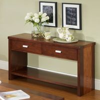 Table console en bois avec tiroirs et étagères offrant un rangement pratique et une fonction pratique