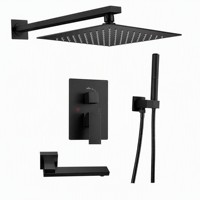 STOCCO Ensemble de douche de luxe noir mat encastré, avec pommeau de douche carré en laiton, douchette à main et bec de baignoire, pour projets hôteliers