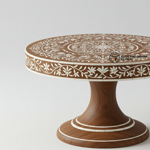 Soporte de pastel con incrustaciones de hueso marrón floral Pedestal de madera hecho a mano para postres y decoración - Product Image 3