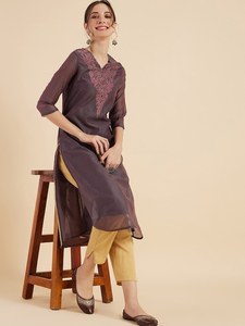 Ensemble pantalon et kurta élégant à col en V, manches longues, imprimé floral, travail au fil, design tendance, polyester, pour femmes et filles - Product Image 3