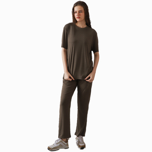 Y2K ensemble en tricot côtelé haut à manches courtes avec pantalon à taille élastique solide marron deux pièces femmes décontracté Streetwear tenue - Product Image 1