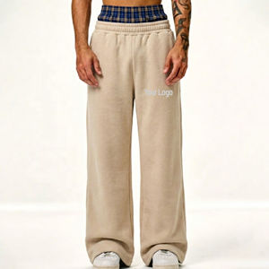 Beige Trousers <b>Wide</b> <b>Leg</b> Casual <b>Pants</b> Soft Knit Trousers Elastic Waist Streetwear <b>Lounge</b> Wear - Product Image 3