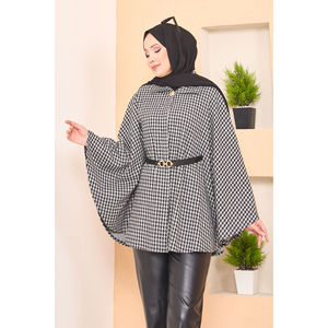 Houndstooth Patterned Belted Hijab <b>Poncho</b> Black and White Made of Woven Fabric - Product Image 2