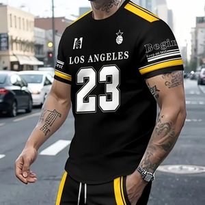 Conjunto informal de camiseta y pantalones cortos de manga corta para hombre, mezcla de poliéster, patrón geométrico, cuello redondo, lavable a máquina - Product Image 1