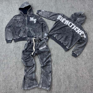 Ensemble survêtement homme vintage imprimé délavé à l'acide, avec lettres appliquées, style streetwear, patchwork déchiré, sweat-shirt et pantalon de survêtement deux pièces - Product Image 1