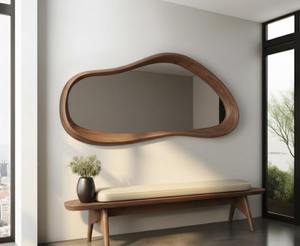 Premium Handmade Art <b>Deco</b> Walnut Wood Irregular Asymmetrical Wooden Frame Wall <b>Mirror</b> for Entryway - Product Image 1