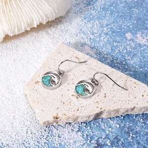 Nouveau conçu en acier inoxydable creux rond vague pendentif boucles d'oreilles rempli vert Turquoise puce boucles d'oreilles - Product Image 2