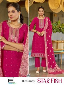Nuevo diseño de pantalón Kurti para mujer con bordado Jacquard Dupatta Dori Work Sequence de exportación de seda romana con estilo tradicional - Product Image 4