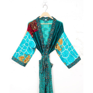 Kimono de dama de honor Vintage para mujer, bata de seda sencilla, Kimono de ducha largo con cinturón, bata Sari India reciclada, vestido de noche - Product Image 6