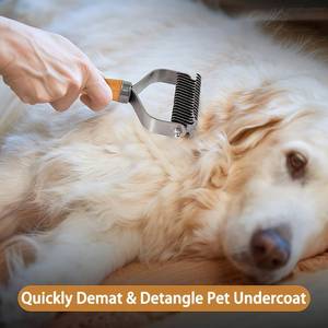 อุปกรณ์เสริมสวยสำหรับสุนัขและแมวแบบมืออาชีพหวีกำจัดขนแบบสองใบมีดสแตนเลสและวัสดุไม้ - Product Image 6