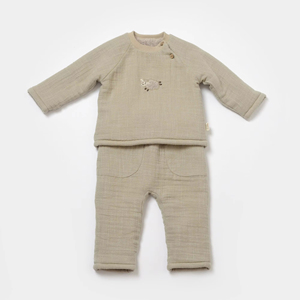 ชุดเสื้อยืดแขนยาวสีเทาสำหรับเด็กใส่ได้ทั้งชายและหญิงชุดเสื้อยืดเอวยางยืดสวมใส่สบายผ้ามัสลินถักแบบรูดกระเป๋า - Product Image 1