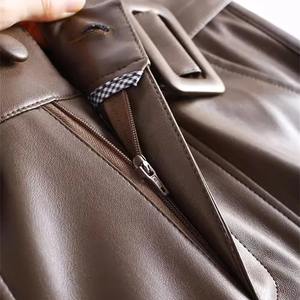 Pantalones de cuero Mujer Pantalones rectos de piel de oveja Primavera Otoño Cinturón de cintura alta Pantalón hasta el tobillo Pantalones casuales sueltos - Product Image 5