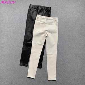Pantalon en cuir véritable noir/blanc, pantalon en peau de mouton, classique, taille haute, skinny, leggings stretch pour femmes, pantalon mujer - Product Image 1