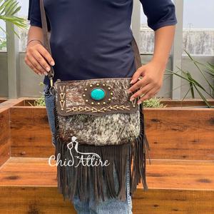 Hot Sale Designer Suede Leather Turquoise Stone Ladies Elegant Handbag Cowhide Fur Cross Body Sling Fringe square Bag for Women - Product Image 1