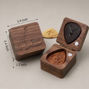 Caja de madera para púas de guitarra, forma cuadrada con tapa, diseño grabado, estilo rústico, estuche de almacenamiento ecológico - Product Image 2