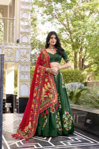Juego de Lehenga de seda Tasar con estampado elegante con trabajo de lámina y lienzo Gotta Patti Dupatta Can Stitch para exportación B2B al por mayor - Product Image 4