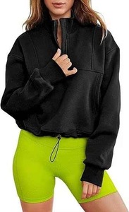 Knitted Black Cotton Fleece Sweatshirt Women Casual Pullover Soft Drop Shoulder Plain Streetwear Eco Friendly <b>Crewneck</b> - Product Image 5