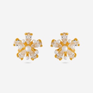 Zircon Flower <b>Stud</b> Earrings-92.5 <b>Silver</b> & Brass-Classic Wedding Party Jewelry - Product Image 1