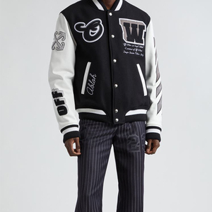 Chaqueta de béisbol de satén blanco y negro de moda bordada en la espalda con cremallera completa Varsity Sports Bomber Varsity Jacket - Product Image 1