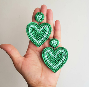 <b>Green</b> Heart Danglers, Beaded <b>Green</b> <b>Earrings</b> - Hearts by Carnation Jewellery - Product Image 1