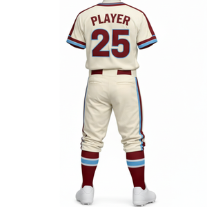 ชุดเบสบอลพรีเมียมสีครีมและสีแดงเลือดหมู แบบสั่งทำพิเศษด้วยเทคนิคซับลิเมชั่น พร้อมด้วยสีฟ้าอ่อนและกางเกงลายแถบข้างเข้าชุด - Product Image 2