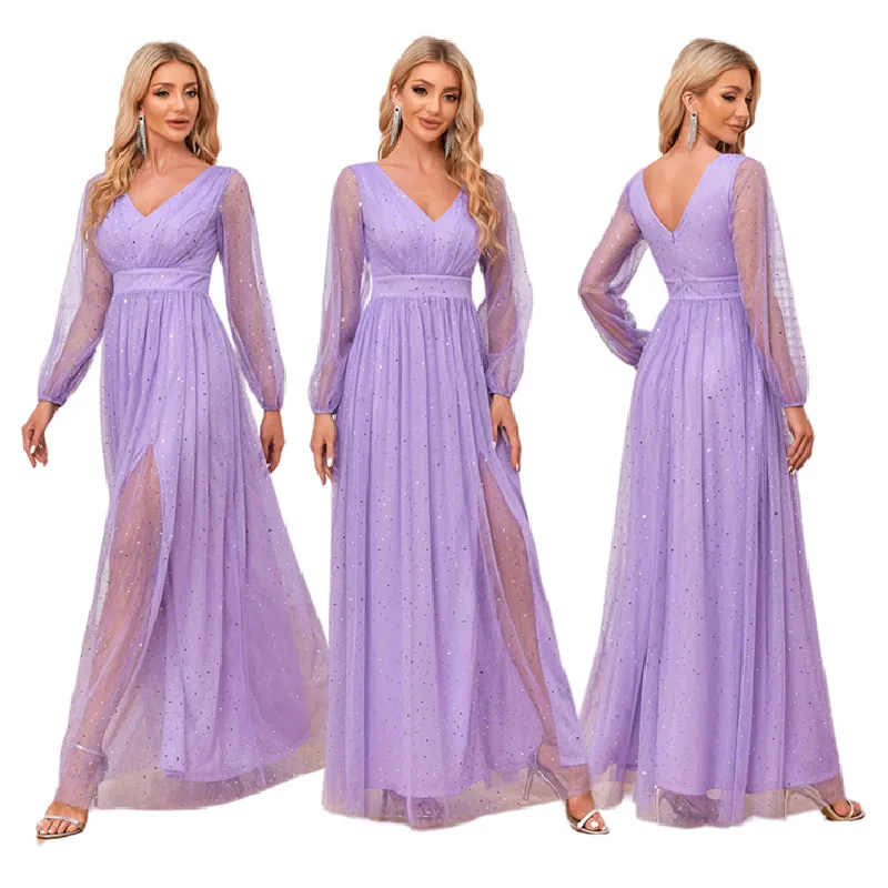 Sang trọng áo của phụ nữ Evening Dresses v-cổ vải tuyn sáng bóng một dòng hoàn toàn lót bên váy váy cưới cho Phù Dâu