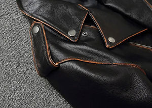 Vente classique motard veste en cuir de vachette véritable peau de mouton mince célèbre Vintage mode vêtements en cuir personnalisés pour hommes - Product Image 5