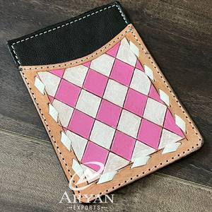 กระเป๋าสตางค์สำหรับผู้ชายและผู้หญิงที่ใส่บัตรเครดิตหนังแท้ทำด้วยมือมีลายลายตารางหมากรุกสีชมพูและสีขาว - Product Image 1