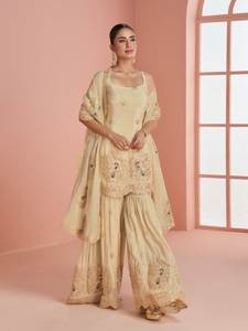 Salwar Kameez 3 pièces en tissu de soie Vichitra de très haute qualité, sans manches, avec motifs brodés, de SHREE INDIAN EXPORTS - Product Image 3