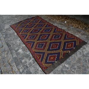 Tapis turc Vintage rouge noir traditionnel fait à la main laine Latex support Rectangle Patchwork motif pour modèle de chevet 4.8 'X 9.7' - Product Image 2