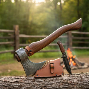 Hache utilitaire d'extérieur en acier de Damas, tête en acier à motif artisanal avec manche en bois naturel extra long pour le camping et le bushcraft - Product Image 5