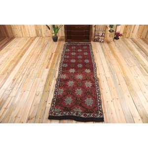 Vintage Turkish Rug, 3,2x10 ft <b>Runner</b> Rug, <b>Red</b> Gray Polka dot Wool Rug - Product Image 1