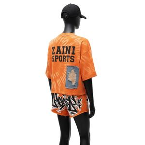 Ensemble t-shirt et short pour femme, jersey de coton 200 GSM, tie-dye orange, empiècements en denim, logo imprimé, ensembles personnalisés pour femmes - Product Image 4