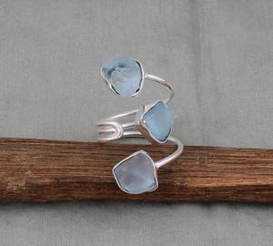 925 Sterling Silver Raw Aquamarine <b>Ring</b> Uncut Healing Gemstone <b>Ring</b> with Summer Promise Three Stone <b>Ring</b> - Product Image 5